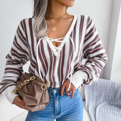 Mariah - White & Brown Striped V Neck Top - Model Mannequin