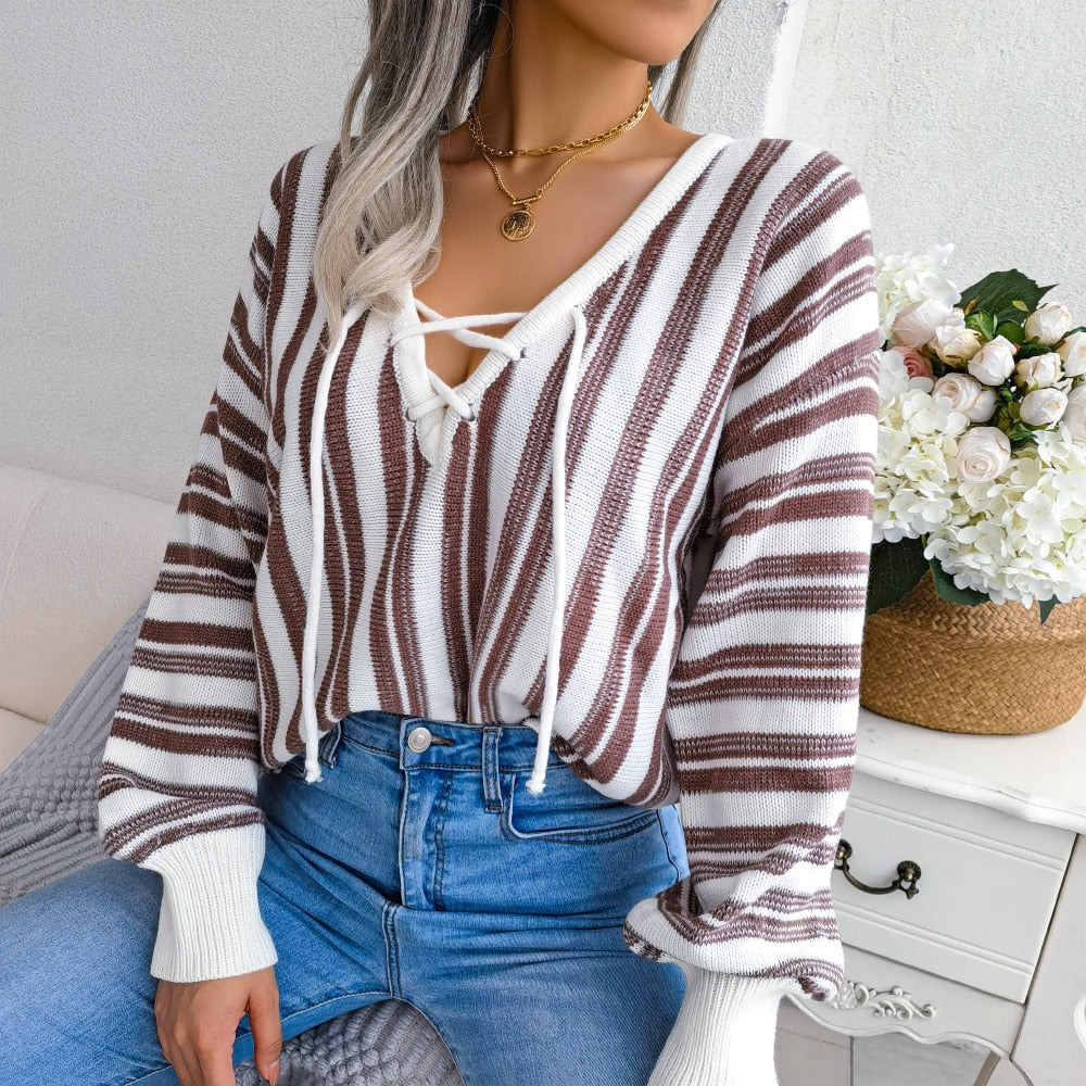 Mariah - White & Brown Striped V Neck Top - Model Mannequin