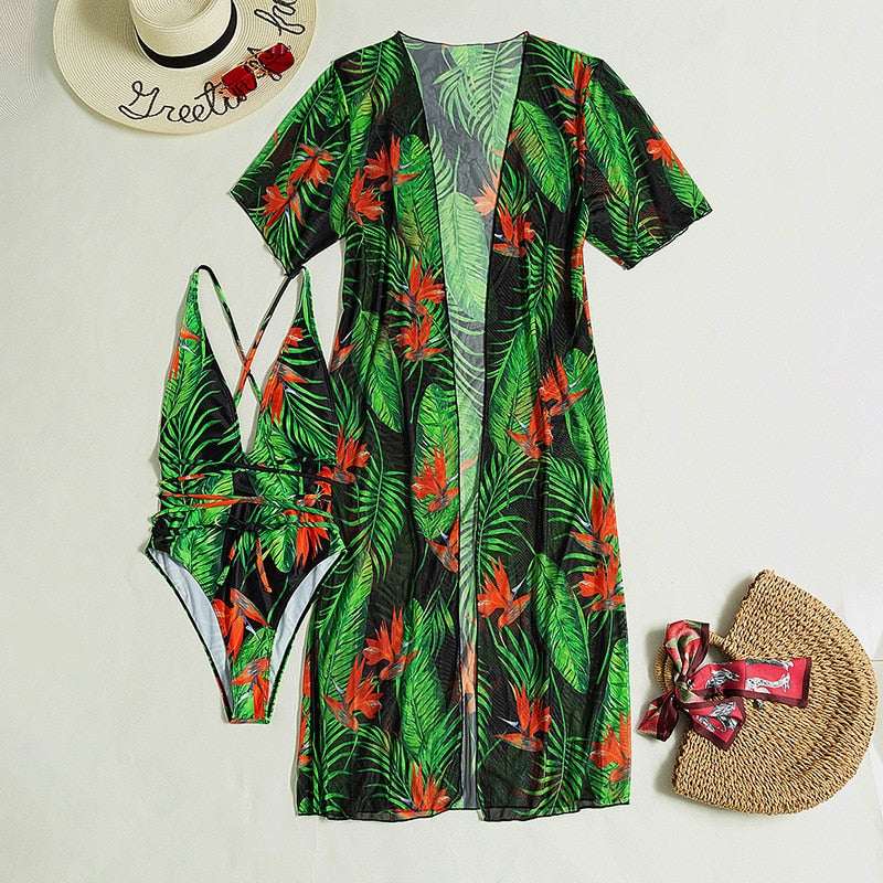 Arabella - Green Tropical Print One Piece Swimsuit With Kimono - Model Mannequin