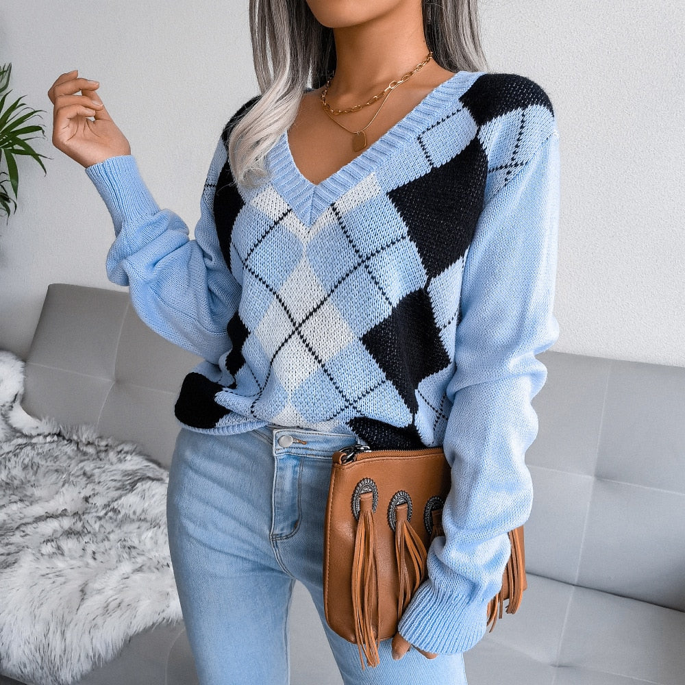 Paula - Blue Argyle Knitted V-Neck Sweater Top - Model Mannequin