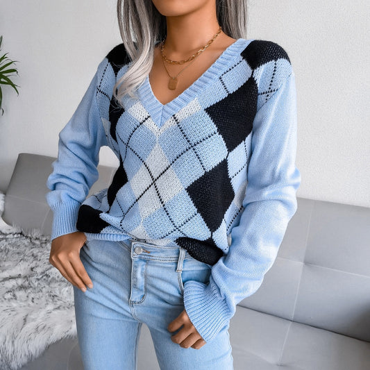 Paula - Blue Argyle Knitted V-Neck Sweater Top - Model Mannequin