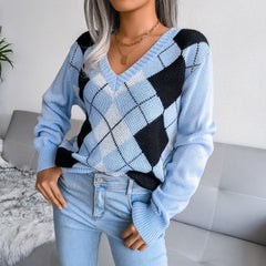 Paula - Blue Argyle Knitted V-Neck Sweater Top - Model Mannequin