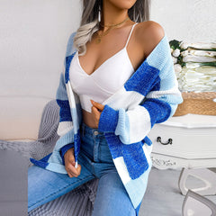 Emily - Blue & White  Knitted Striped Cardigan