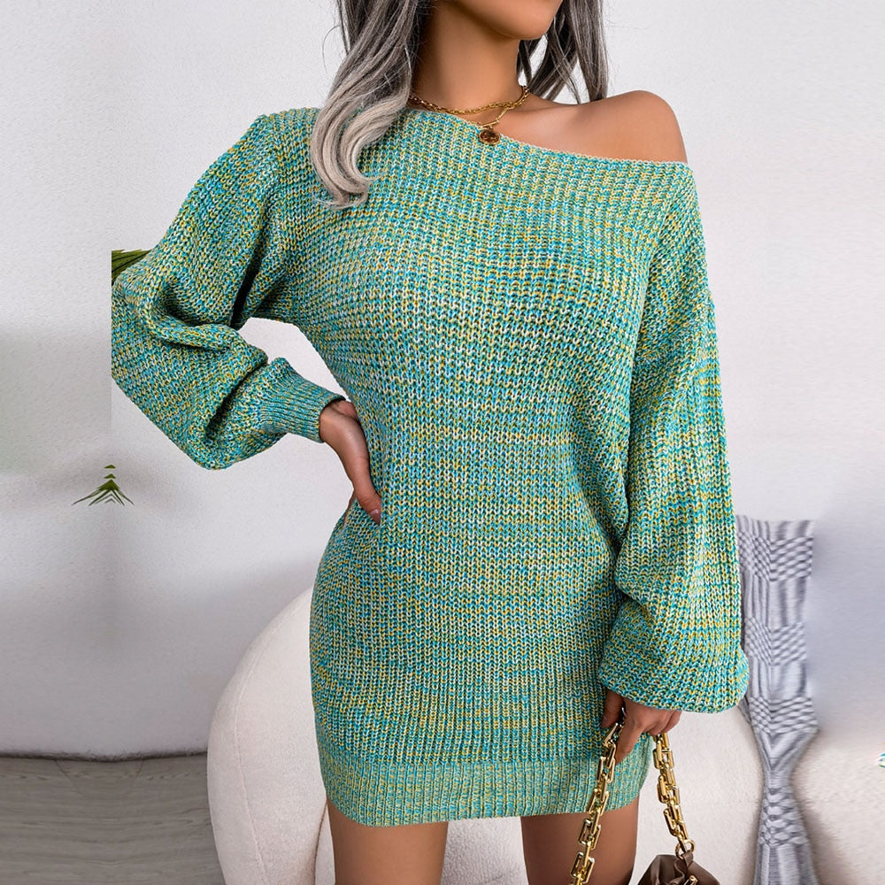 Soleil - Turquoise Off The Shoulder Mini Sweater Dress - Model Mannequin