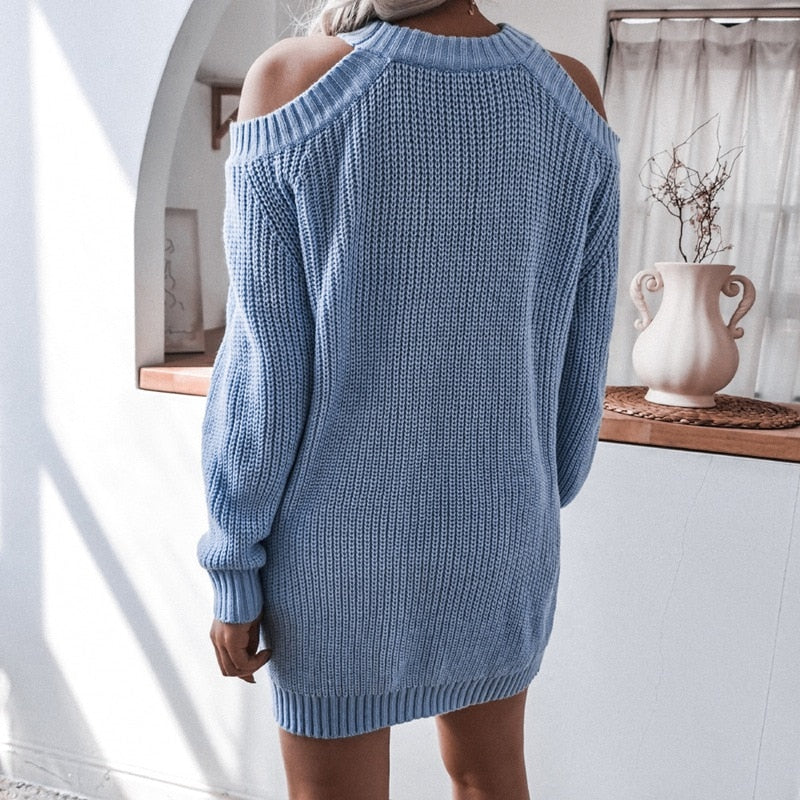 Azaria - Blue Knitted Cold Shoulder Mini Dress - Model Mannequin