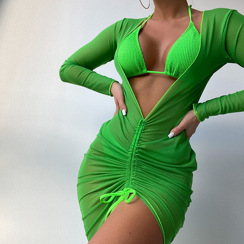 Green Three Piece Bikini With Cover Up - Model Mannequin