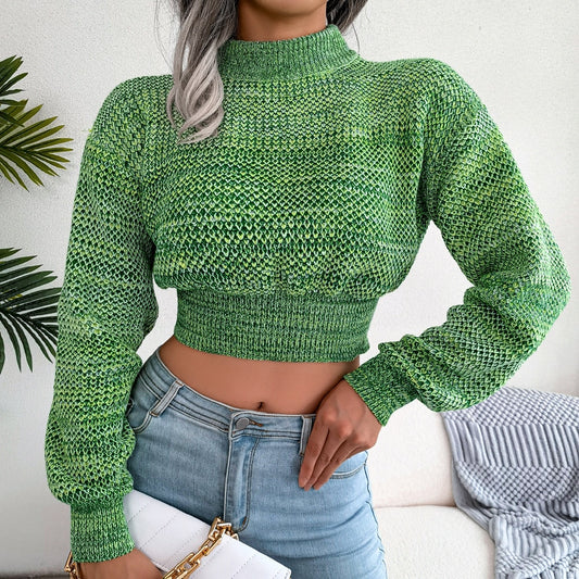 Girl wearing green knitted crop sweater top