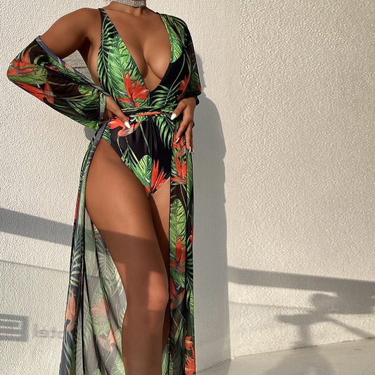 Arabella - Green Tropical Print One Piece Swimsuit With Kimono - Model Mannequin
