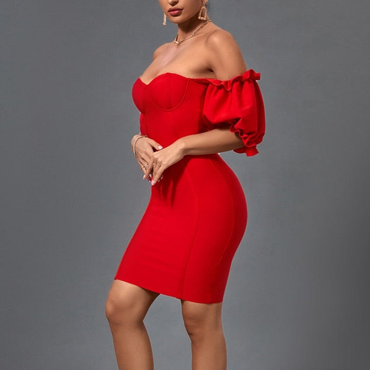 Jessica - Red Off The Shoulder Bandage Dress - Model Mannequin