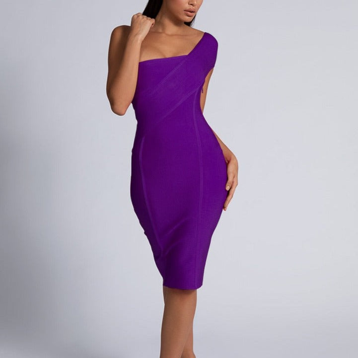 Kelsey - Purple One Shoulder Bandage Dress - Model Mannequin