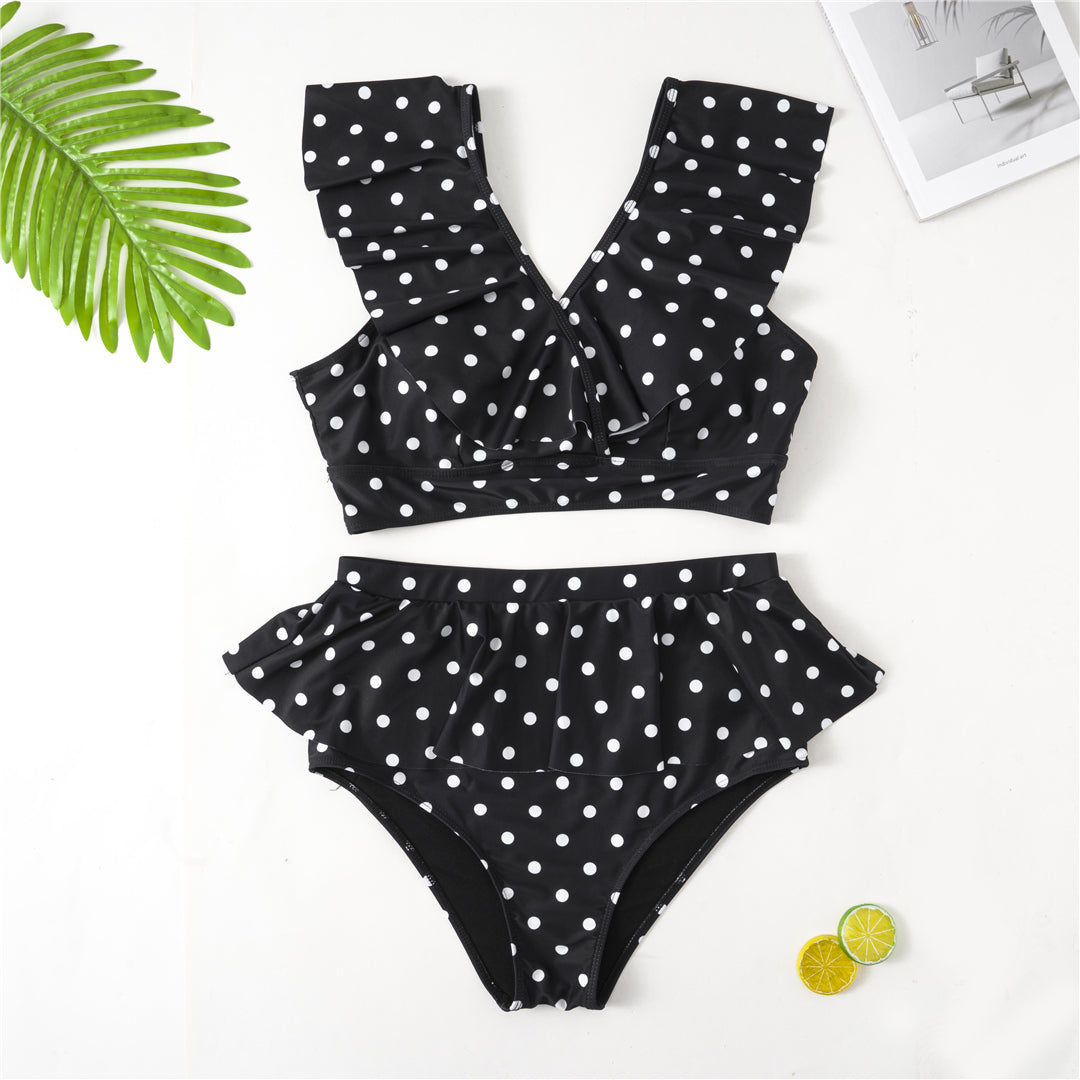Black Polka Dot Print Ruffle Bikini Set - Model Mannequin