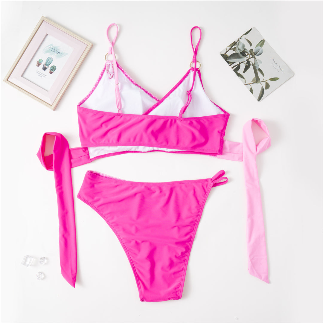 Pink Two Piece Color Block Wrap Bikini Set - Model Mannequin
