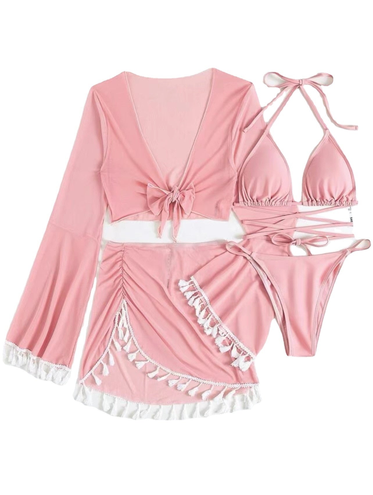 Pink Four Piece Tassel Bikini Set - Model Mannequin