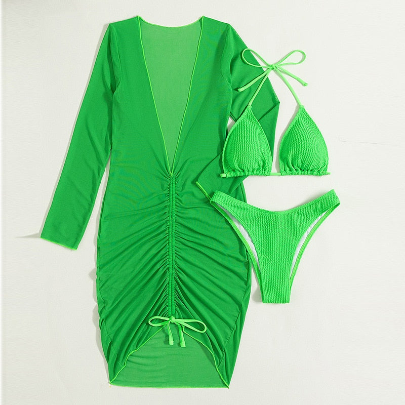 Green Three Piece Bikini With Cover Up - Model Mannequin