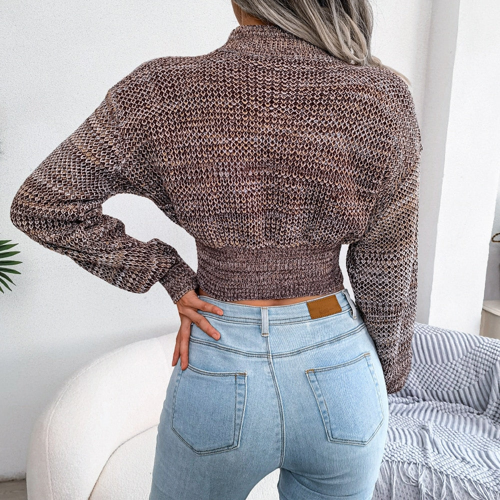 girl wearing Khaki knitted crop sweater top