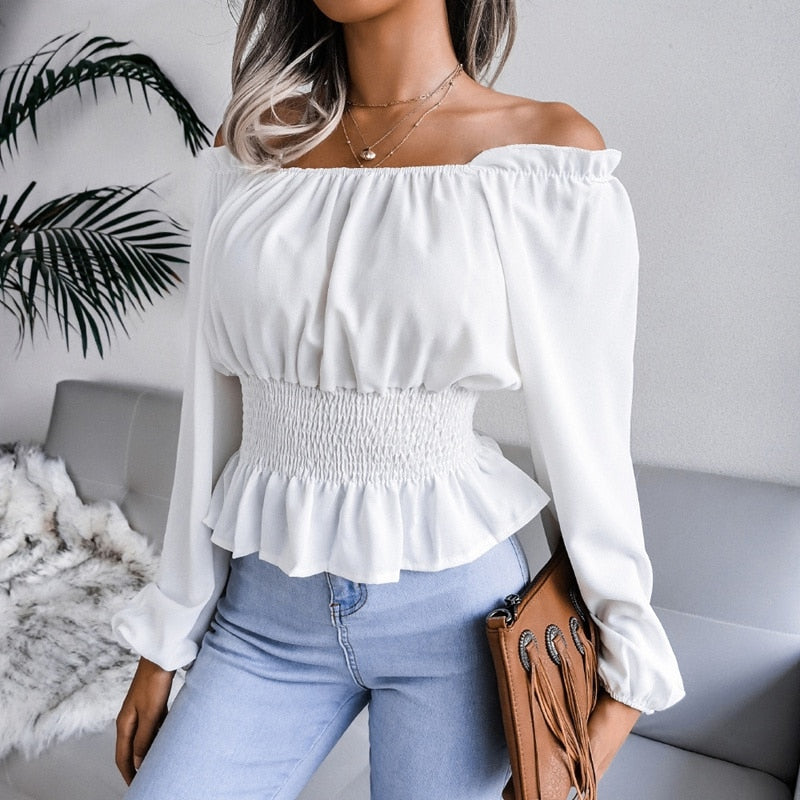 Tess - White Shirred Off The Shoulder Peplum Top - Model Mannequin