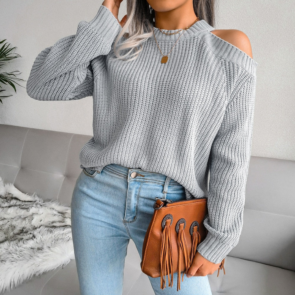 Aarya - Gray Cold Shoulder Ribbed Top - Model Mannequin