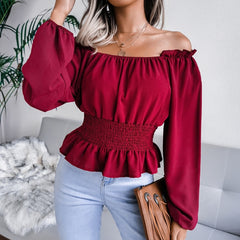 Tess - Burgundy Shirred Off The Shoulder Peplum Top - Model Mannequin