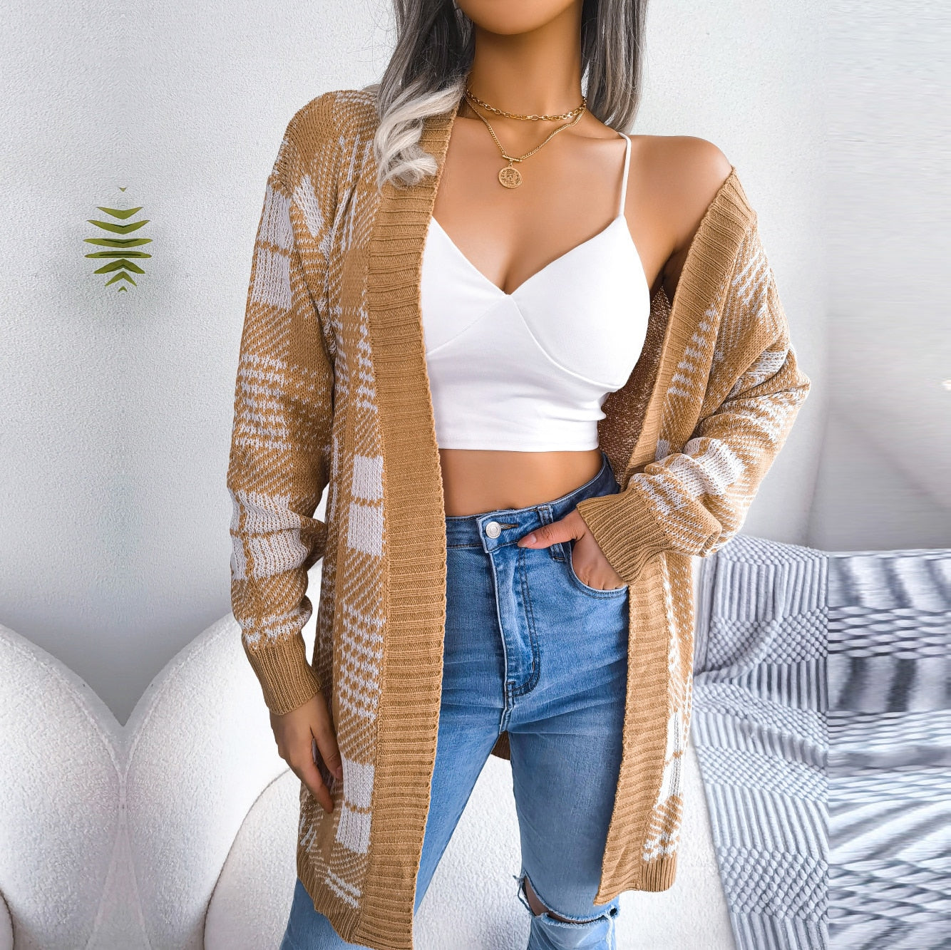 Lana - Beige Knitted Plaid Belted Cardigan