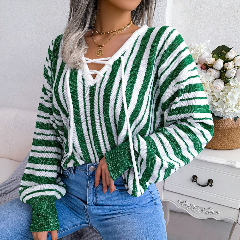 Mariah - White & Green Striped V Neck Top - Model Mannequin