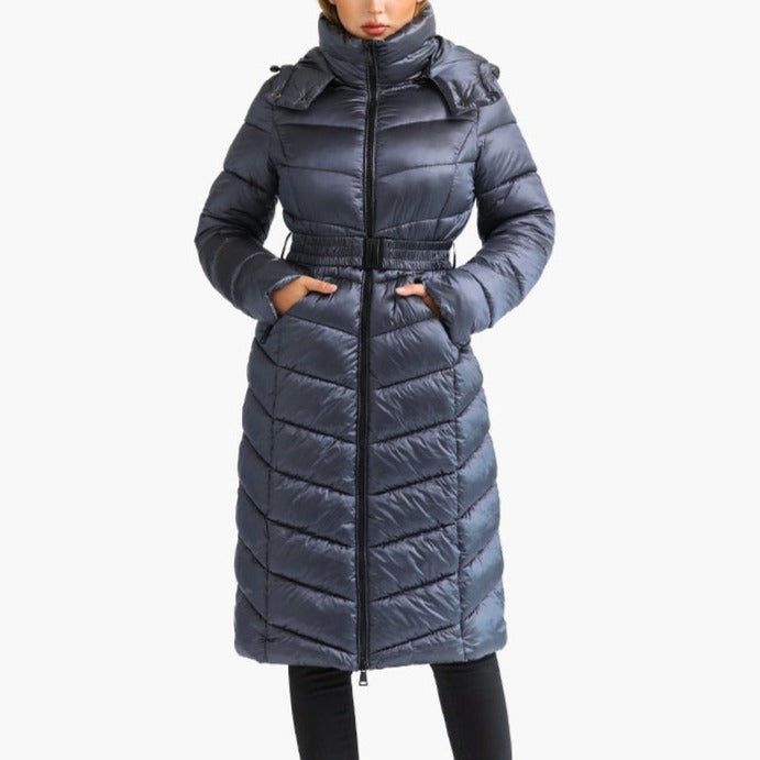 Lucinda - Gray Fitted Long Hooded Puffer Coat - Model Mannequin