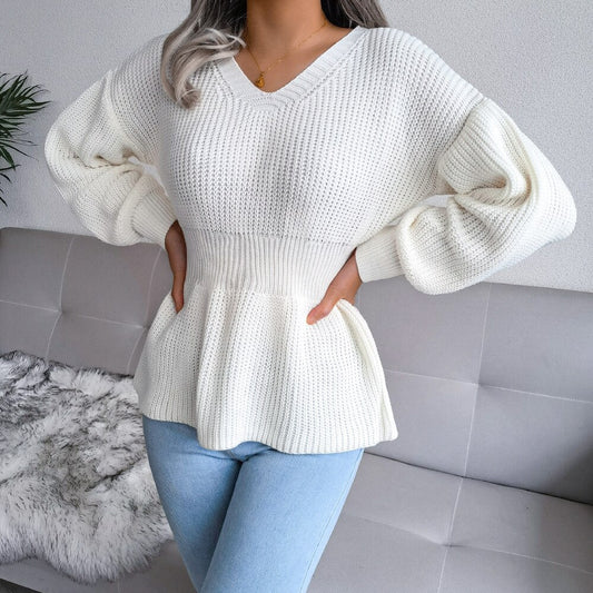 Luisa - White Ribbed Peplum Sweater Top - Model Mannequin