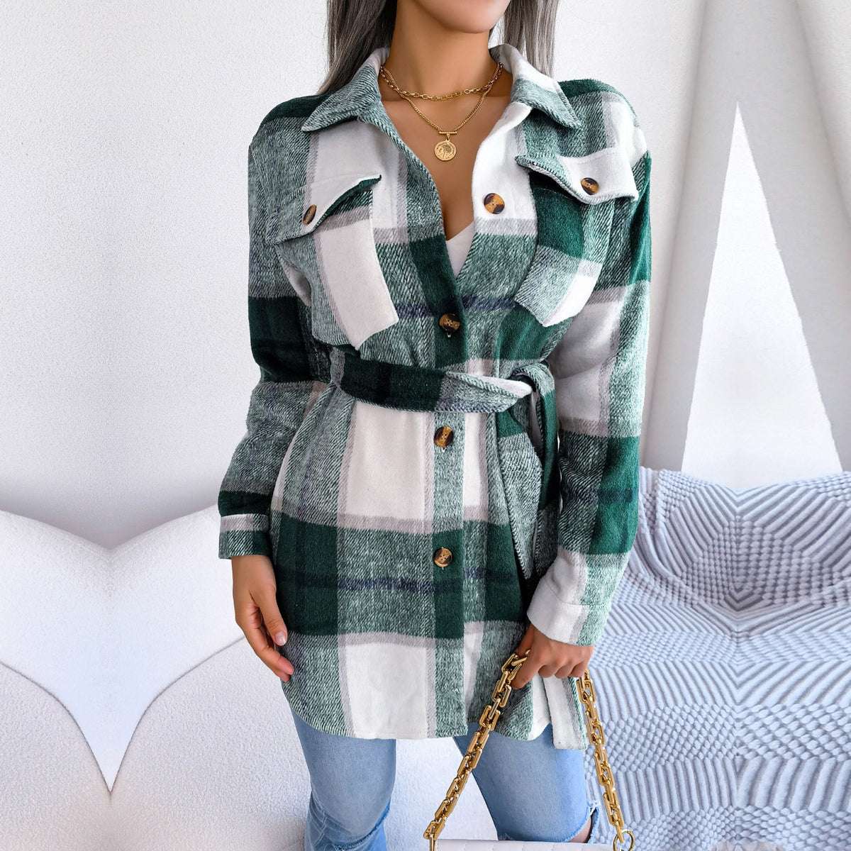 Vivian - Green Plaid Belted Long Sleeves Coat