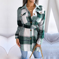 Vivian - Green Plaid Belted Long Sleeves Coat