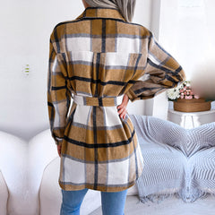 Vivian - Beige Plaid Belted Long Sleeves Coat