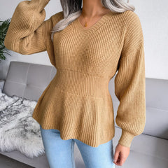 Luisa - Beige Ribbed Peplum Sweater Top - Model Mannequin