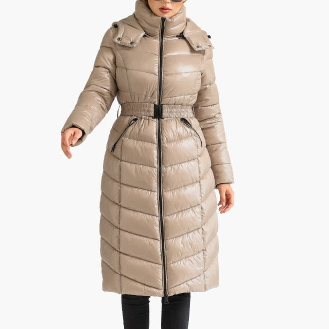 Lucinda - Beige Fitted Long Hooded Puffer Coat - Model Mannequin