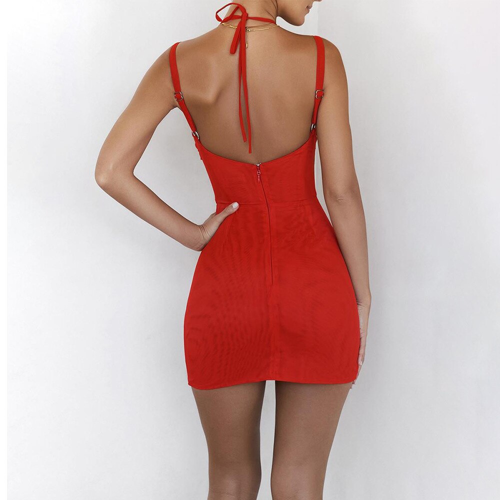 Flora - Red Mesh Ruched Mini Bodycon Dress