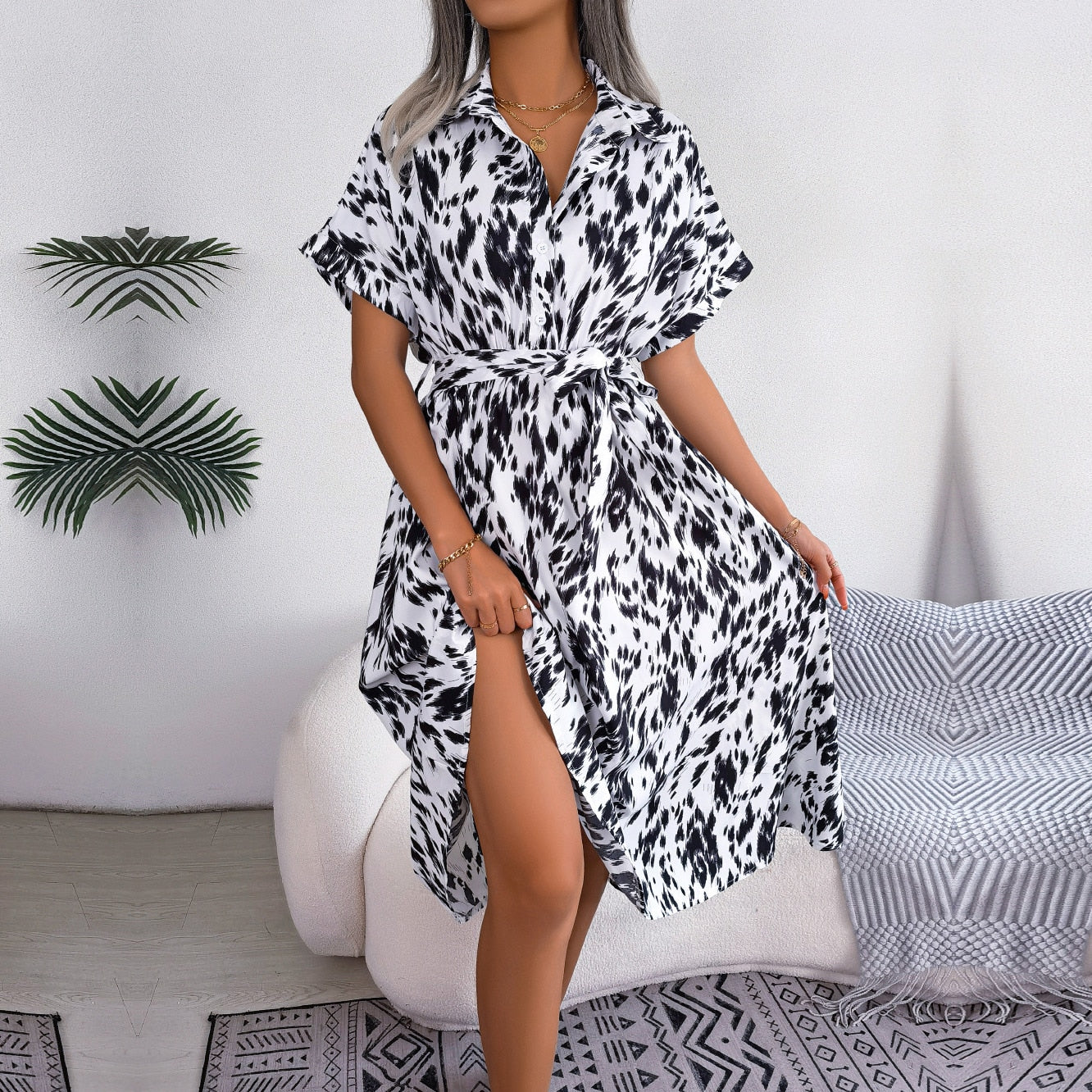 Shauna - White Leopard Print Midi Shirt Dress - Model Mannequin