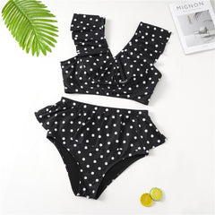 Black Polka Dot Print Ruffle Bikini Set - Model Mannequin