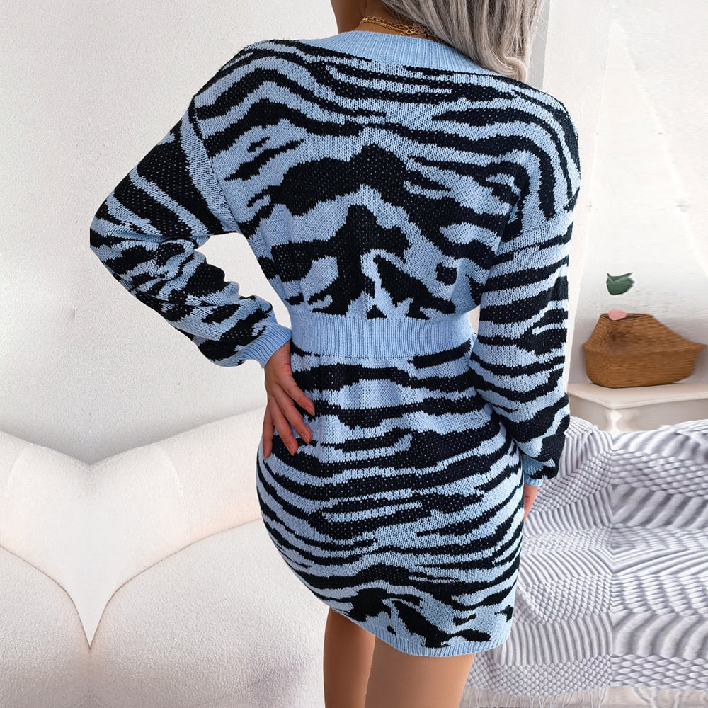 Vida - Blue Tiger Print Mini Bodycon Sweater Dress - Model Mannequin