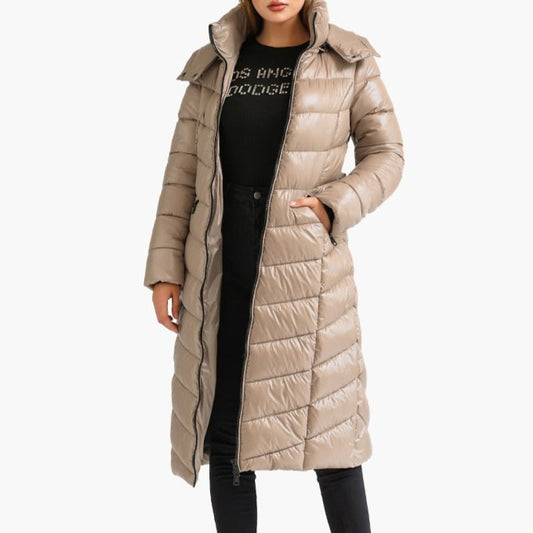 Lucinda - Beige Fitted Long Hooded Puffer Coat - Model Mannequin