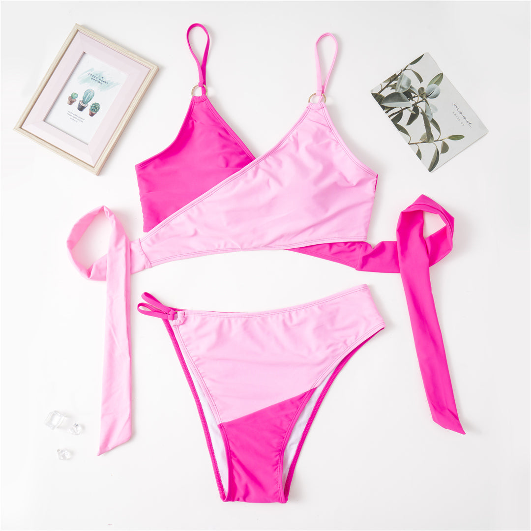 Pink Two Piece Color Block Wrap Bikini Set - Model Mannequin