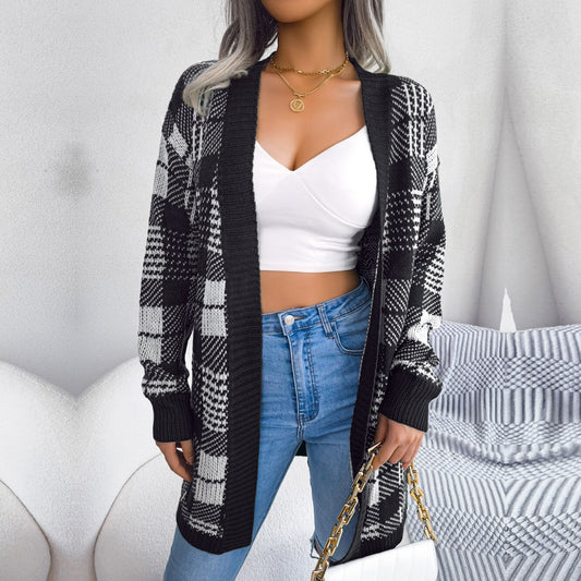 Lana - Black Knitted Plaid Belted Cardigan