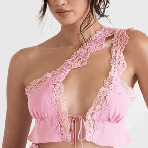 Alexa - Pink Lace One Shoulder Crop Top - Model Mannequin