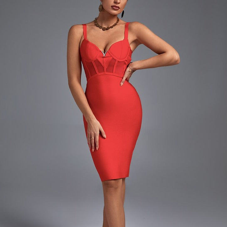 Alina - Red Sweetheart Mesh Bodice Bandage Dress - Model Mannequin