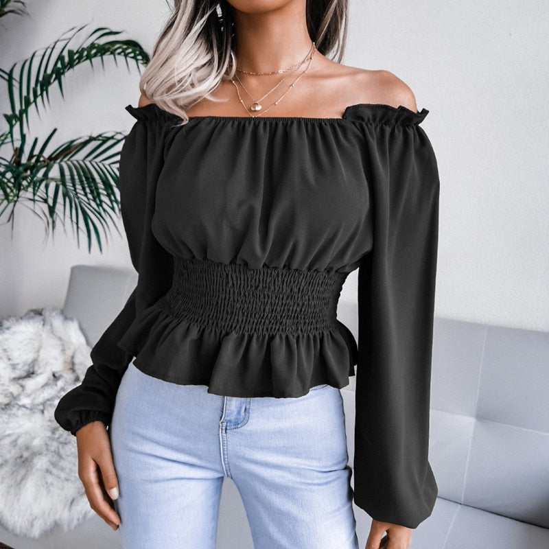 Tess - Black Shirred Off The Shoulder Peplum Top - Model Mannequin