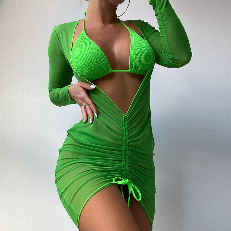 Green Three Piece Bikini With Cover Up - Model Mannequin