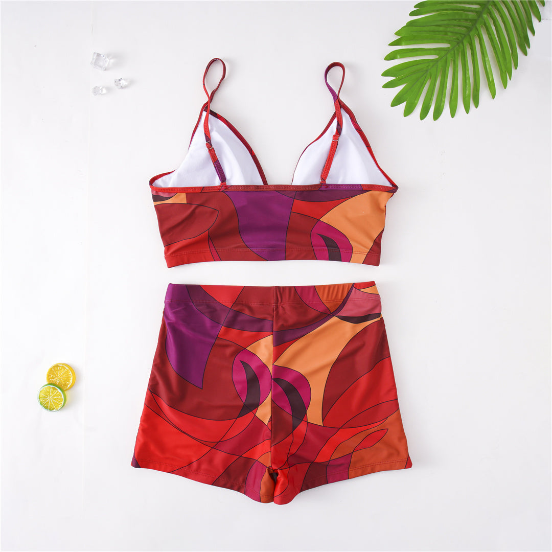 Plus Size Red Two Piece Printed Bikini Shorts Set - Model Mannequin