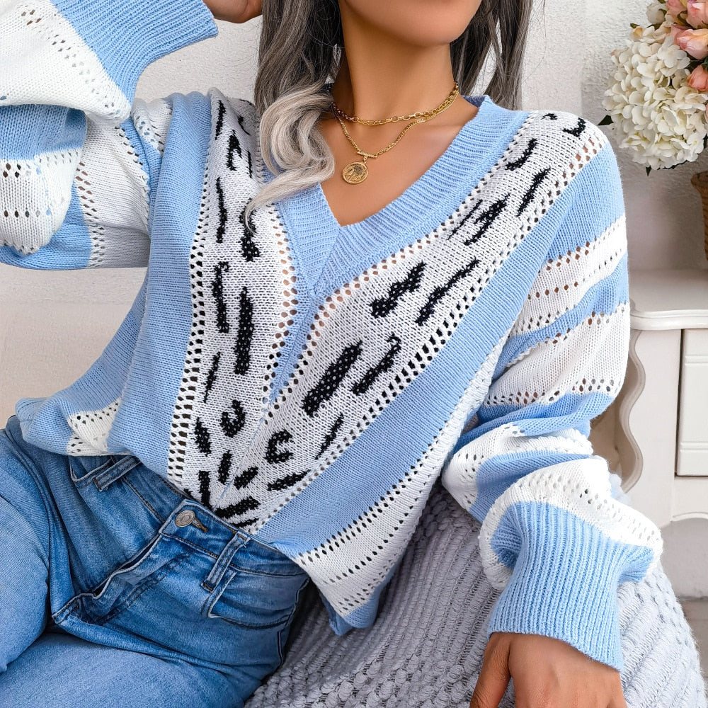 Harmony - Blue Knitted Leopard Print Paneled Sweater Top
