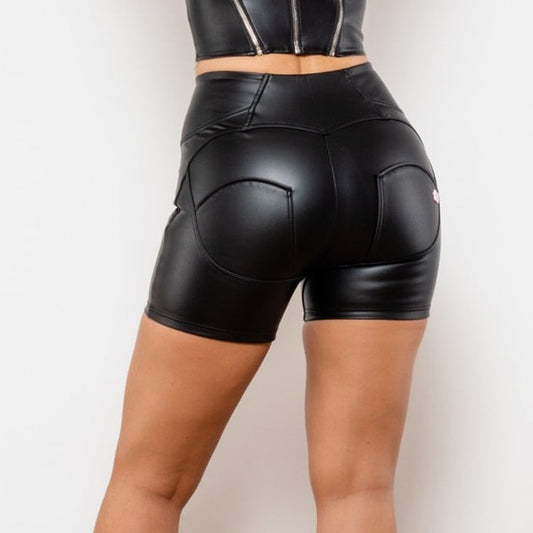 Cheeky Matte Black High Waist Faux Leather Butt Lift Shorts - Model Mannequin