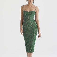 Nadine - Green Lace Corset Midi Dress - Model Mannequin