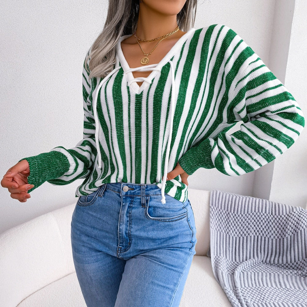 Mariah - White & Green Striped V Neck Top - Model Mannequin