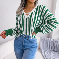 Mariah - White & Green Striped V Neck Top - Model Mannequin