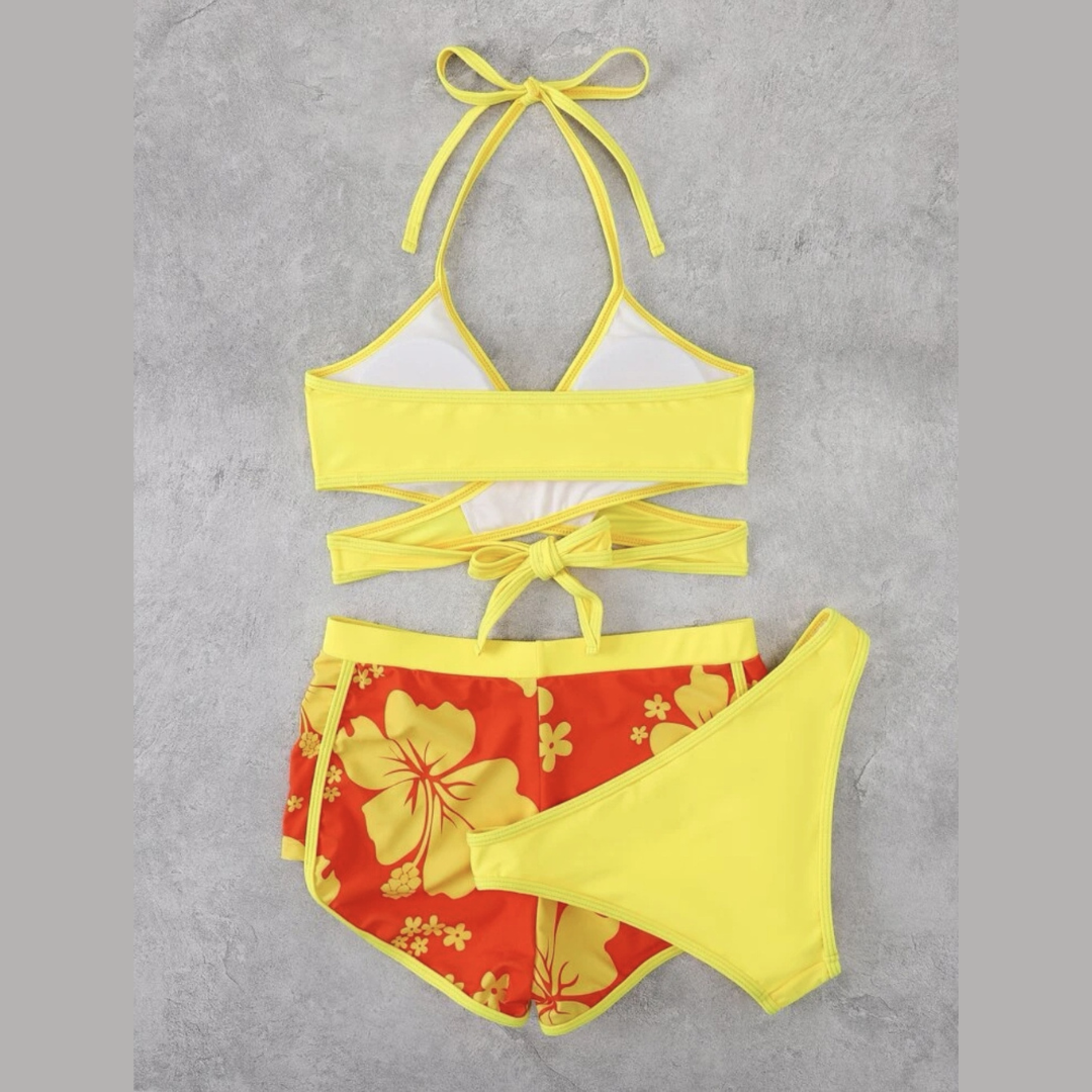 Yellow Halter Criss-Cross Tie Up Tops & Shorts Swimwear - Model Mannequin