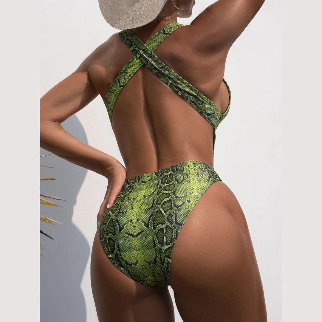 Green Snake Print One Piece Swimsuit - Model Mannequin